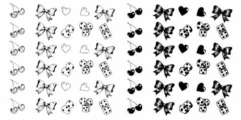 Black and white pattern featuring bows hearts cherries and dice