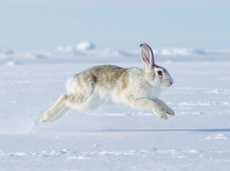 Naklejka premium Agile Rabbit Leaping Across a Snowy Landscape in Winter Season
