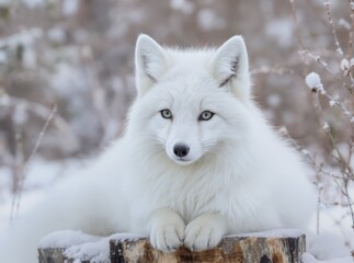 Obraz premium Arctic Fox Resting in Snowy Landscape with Beautiful Blue Eyes