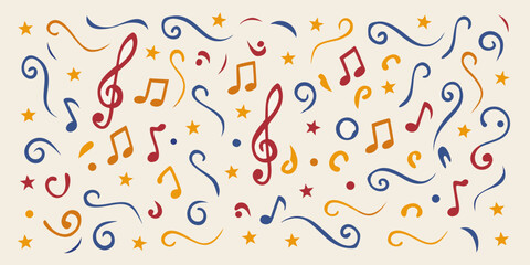 Colorful musical notes and stars create a whimsical and playful background design