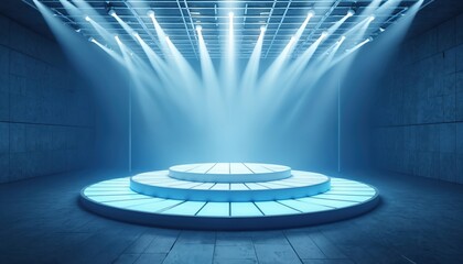 Empty futuristic stage with glowing blue podium and spotlights. Modern concert or exhibition venue. Minimalist design with illuminated platform for performance or presentation.