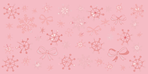Soft pink background with delicate snowflake and bow illustrations