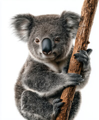 Fototapeta premium Koala sitting on a tree branch isolated on white background.