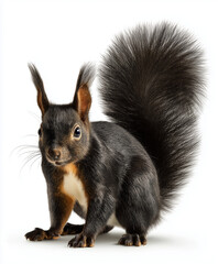 Fototapeta premium Black squirrel with bushy tail isolated on white background.