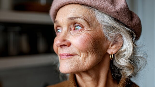 Older woman wearing a hat.