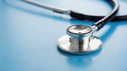 A stethoscope rests on a blue surface, symbolizing healthcare and medical professionalism.