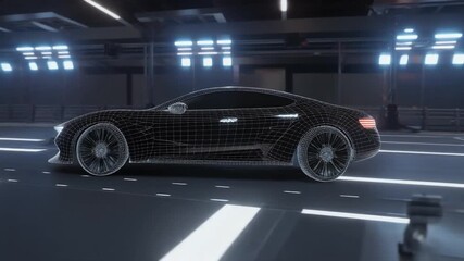 Sleek wireframe sports car rendering speeding through a futuristic digital tunnel, showcasing advanced automotive design and innovative technology - Powered by Adobe