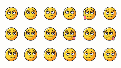 A diverse collection of yellow cartoon sad face emojis expressing disappointment, boredom, and general unhappiness on a clean white background.