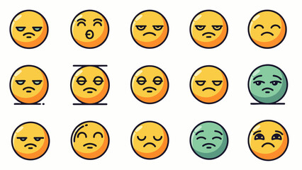 A comprehensive collection of diverse cartoon emoji faces depicting various negative emotions like sadness, boredom, and exhaustion.