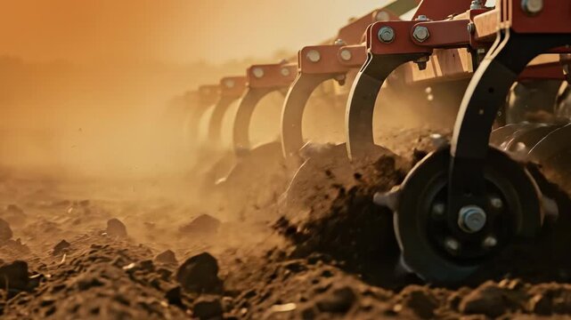 A cultivator tilling the soil in slow motion. Close-up of farm machinery plowing a field at sunset. Agriculture and food production concept