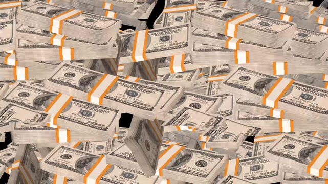 falling dollars money stacks fill the screen, us currency animation, concept of finance, economy, tax, and banking