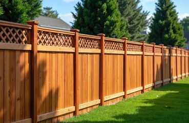 New wooden fence borders private yard with green grass. Tall evergreen trees stand behind solid brown timber wall providing home security and privacy.