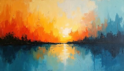 Abstract landscape oil painting vibrant sunset sunrise over calm water. Bright orange, red, yellow sky reflects on tranquil blue surface. Dark horizon line divides colorful scene. Textured artwork