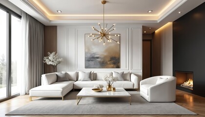 Modern living room with white sectional sofa, contemporary art, and fireplace. Stylish white armchair sits near marble coffee table with floral decor. Natural light streams through large windows.