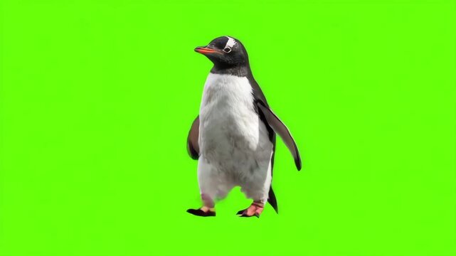 A solitary penguin walking gracefully against a vibrant green backdrop