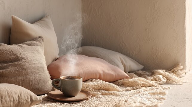 Cozy Coffee Mug with Steam on Textured Pillows and Blanket - Powered by Adobe