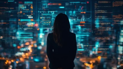 Silhouette of a person overlooking an advanced digital data interface and city lights - Powered by Adobe