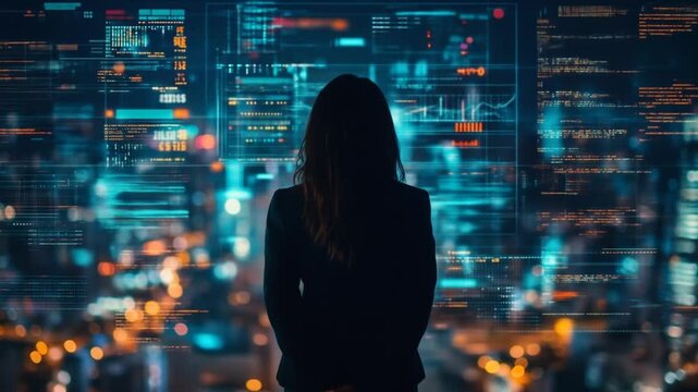 Silhouette of a person overlooking an advanced digital data interface and city lights
