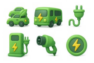 Eco-friendly electric vehicle icons in simple green grid for sustainable design projects