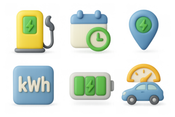 Electric vehicle icon set featuring charging station and battery symbols for design and digital use