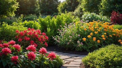 Obraz premium Vibrant garden scene with colorful flowers in pink, purple, and orange hues, surrounded by lush greenery under golden sunlight.