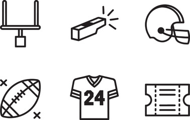 American football game equipment and accessories outline icons: A collection of isolated line art icons representing various elements of American football, including gear, game objects, and related it