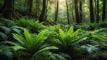 Lush green plants thriving in a vibrant forest, surrounded by tall trees and soft sunlight filtering through the leaves.