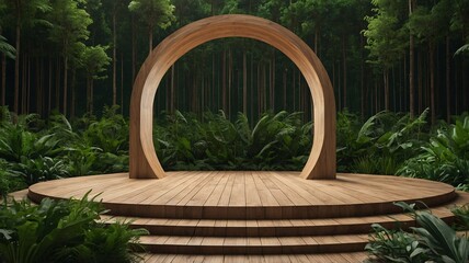 Obraz premium A serene wooden stage surrounded by lush greenery, ideal for outdoor performances or events.