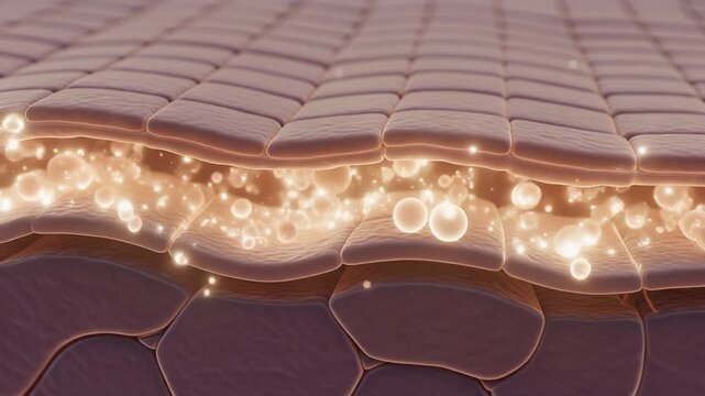 肌の角質層に浸透する美容成分と輝く分子のイメージ