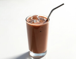 Cold chocolate smoothie in tall glass with ice cubes and metal straw. Refreshing beverage with creamy texture perfect for summer refreshment or healthy breakfast option.