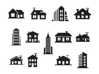 Fototapeta premium A set of Minimal Building Silhouette Icons – Houses, Apartments & Skyscrapers Vector