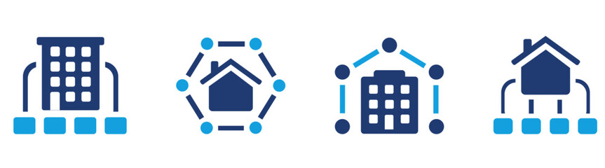 Facility and amenities icon with smart home and connected building Solid vector icon symbol illustration.