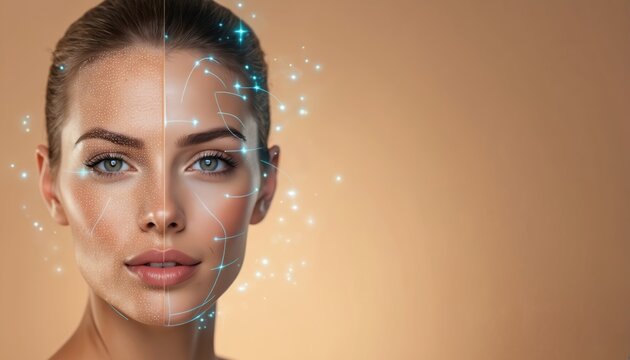 Woman face shows skin analysis with glowing blue digital lines and dots. Futuristic facial mapping tech applied to perfect complexion for beauty and medical purposes. Research and wellness.