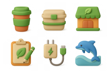 Eco friendly icon set with leaf, dolphin, and green energy symbols for sustainable design