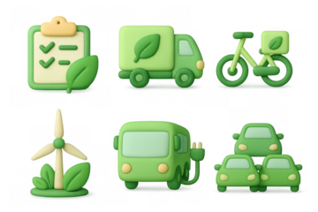 Eco friendly icons collection featuring green transportation and energy solutions for sustainable design projects