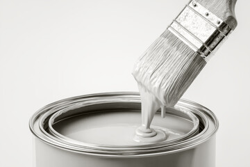 brush dipping into white paint in a metal can, studio close-up, paint on brush, paint can, cloud dancer color of the year 2026, used by painters and designers, hardware store enthusiasts