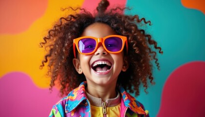 Young kid with curly hair wears neon sunglasses and colorful jacket. Child laughs happily against abstract pop art background. Full of joy, fun, and vibrant energy.