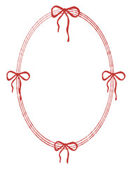 Fototapeta premium Holiday card template with an oval frame, bows, and space for text. A red vintage frame with ribbons and bows is perfect for wedding, Valentine Day, birthday, menu, invitation, or poster. Vector