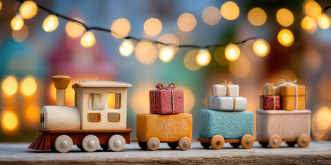 Toy small Christmas train moving along the rails with gift boxes. Xmas and New Year card and banner concept.