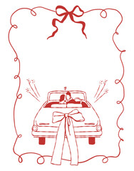 Doodle wedding card template with space for text. A wedding car with the newlyweds, a whimsical frame with a bow. Vector outline illustration in red