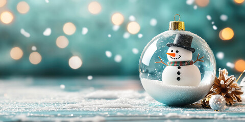 Cute snowman inside a glasses bauble are on the bokeh background. Christmas and New Year card and banner concept.