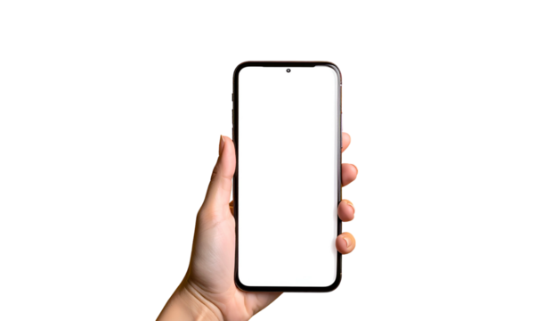 A hand holds a smartphone with a blank white screen, isolated against a black background - Powered by Adobe