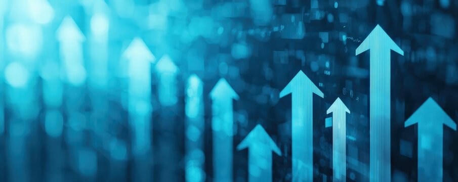 Upward moving arrows symbolizing financial growth, business progress, and success in a technology or stock market blue background - Powered by Adobe