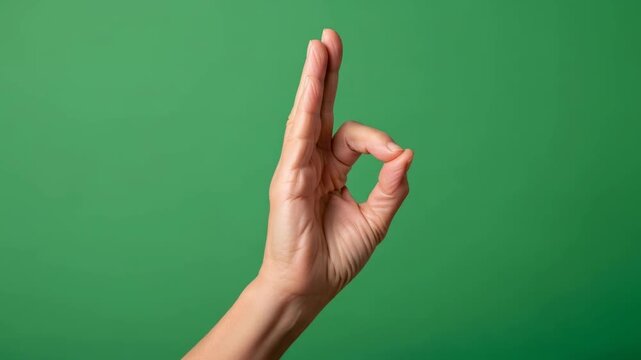 Woman hand gesture showing zero or ok sign and two fingers up on green screen for chromakey effect.