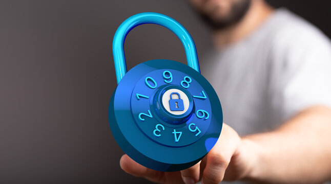 Close-up of a man's hand holding a blue digital padlock, security and protection against cybercrime. - Powered by Adobe