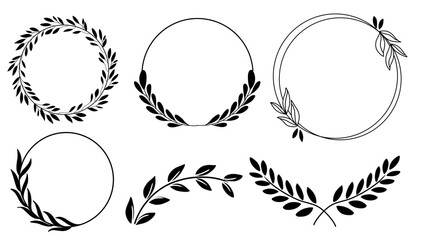Elegant Circular Laurel Wreaths and Leafy Frames Set for Wedding Invitations and Minimalist Logos © Loka Design