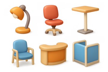 Stylish office icons set featuring lamp, chairs, desk, and partition for modern workplace design