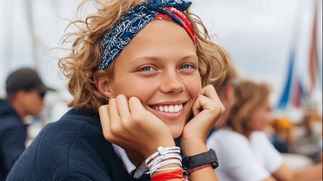 Woman wearing bandana, smiling at camera, on boat.