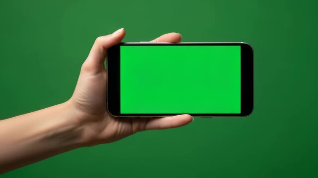 Woman hand holding mobile phone with green screen effect for chromakey. Digital device for adding custom content.