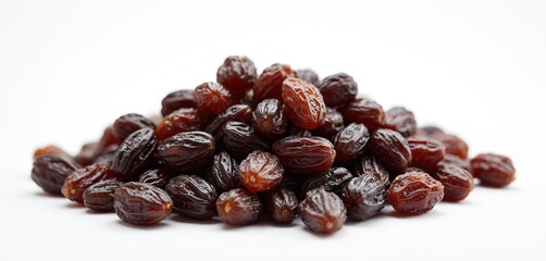 Obraz premium Pile of dried grapes. Healthy food ingredient. Sweet brown raisins isolated on white background. Natural snack or baking component. Top view on fruit.